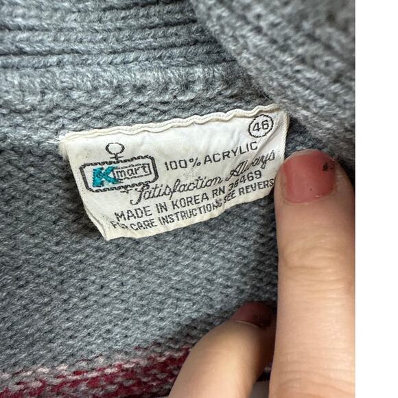 70s Women's Striped Cardigan Sweater Medium Space Dye Red Gray Belted Bel Sleeve - Picture 3 of 6